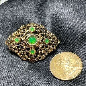 Vintage Victorian Style Gold Tone Brooch with Green Accents